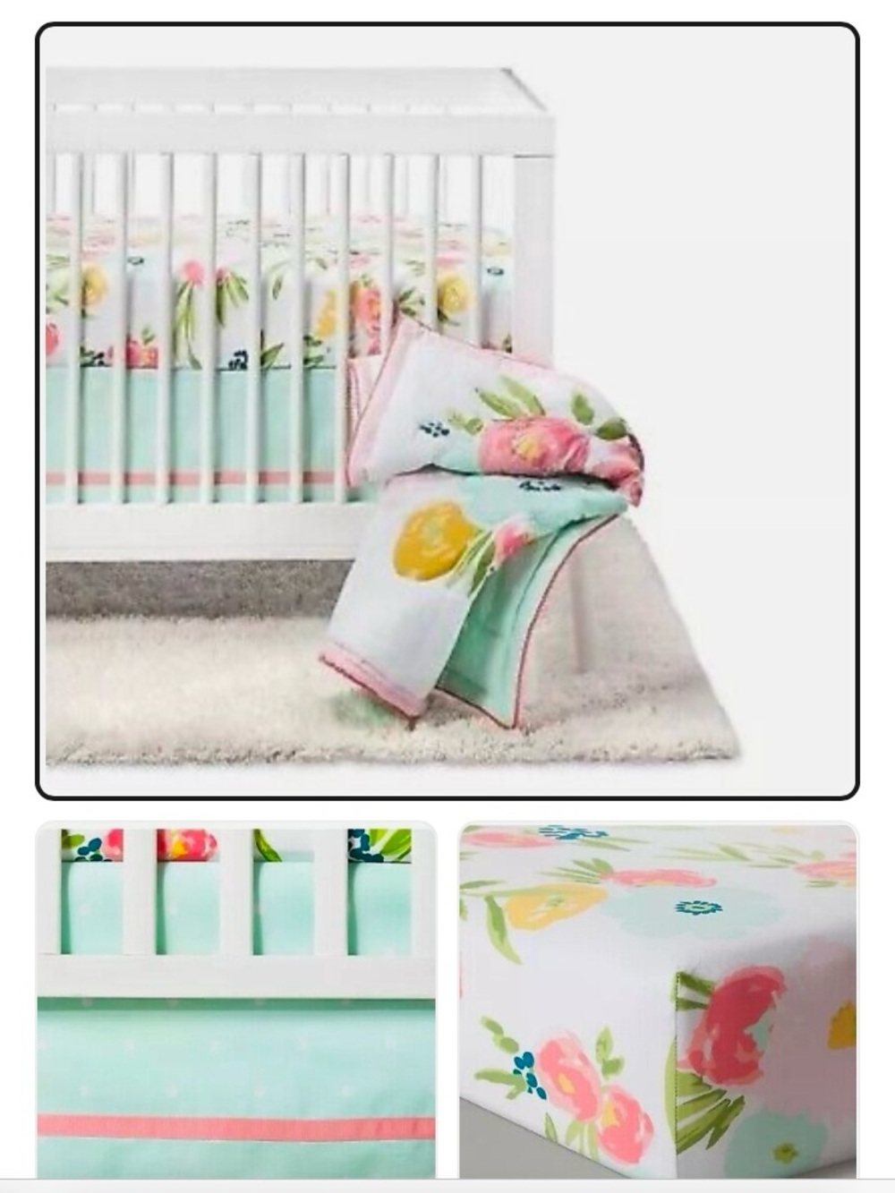 cloud island Mint Floral Crib Sheet Set with Pink and Yellow Blooms